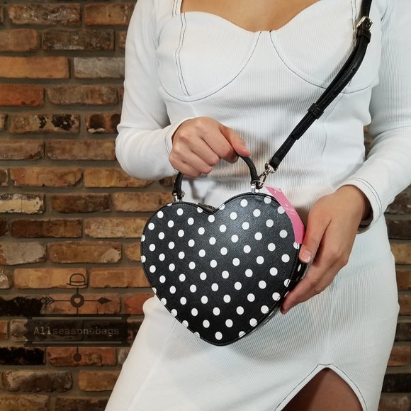 Authentic Kate Spade Heart LOVE SHACK POLKA dot crossbody BLACK WHITE NEW - Picture 12 of 13